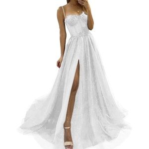 Women’s White spaghetti strap Glitter tulle prom dress